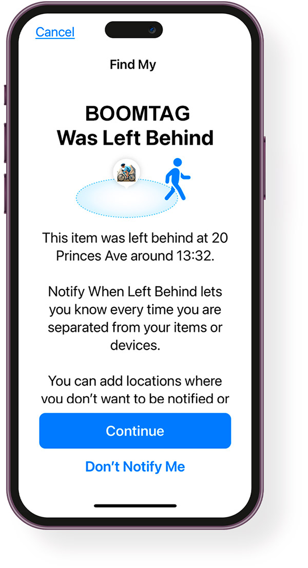 boomtags image showing phone with last location alert