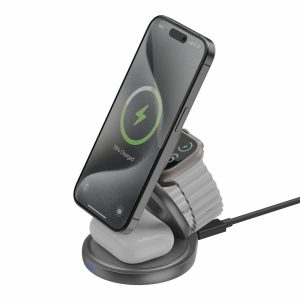 Bazic GoMag Gyre 3-in-1 wireless charger - showing devices charging on stand