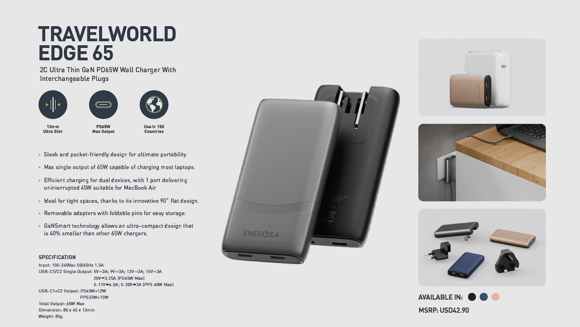 TravelWorld Edge 65 Wall Charger with interchangeable plugs - Spec Sheet